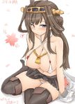  areola_slip areolae blush bra breasts brown_hair double_bun earrings heart highres huge_breasts jewelry kantai_collection kongou_(kantai_collection) long_hair nipples nontraditional_miko okiraku_nikku panties solo thighhighs underwear 