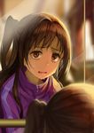  bags_under_eyes brown_eyes brown_hair commentary depressed idolmaster idolmaster_cinderella_girls jacket long_hair mirror odibil one_side_up open_mouth reflection shimamura_uzuki solo sweat tired track_jacket wavy_mouth 