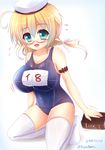  aqua_eyes blonde_hair book breasts glasses highres i-8_(kantai_collection) kane-neko kantai_collection large_breasts low_twintails name_tag one-piece_swimsuit red-framed_eyewear school_swimsuit semi-rimless_eyewear solo swimsuit thighhighs twintails under-rim_eyewear 