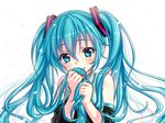  aqua_eyes aqua_hair detached_sleeves hair_tousle hatsune_miku kotobuki0101 long_hair looking_at_viewer smile solo twintails upper_body vocaloid white_background 