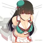  arms_behind_back bare_shoulders black_hair breasts cannon choker choukai_(kantai_collection) cleavage collarbone commentary_request glasses hair_ornament hat headgear kantai_collection large_breasts leaning_forward long_hair looking_at_viewer machinery midriff mini_hat navel pleated_skirt red_eyes remodel_(kantai_collection) school_uniform semi-rimless_eyewear serafuku skirt sleeveless smile solo sts sweat twitter_username under-rim_eyewear 