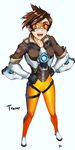  :d brown_hair collarbone from_above fur_trim goggles hands_on_hips highres nishiumi_yuuta open_mouth overwatch short_hair skin_tight smile solo tracer_(overwatch) 