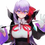  1girl bb_(fate)_(all) bow breasts cape collar eyebrows_visible_through_hair fate/extra fate_(series) gloves grin hair_ribbon large_breasts long_hair long_sleeves looking_at_viewer namie-kun purple_eyes purple_hair ribbon smile solo wand white_background 