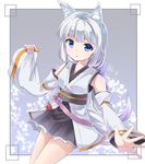  animal_ears blue_eyes bow detached_sleeves flower fox_ears hair_bow japanese_clothes leaf long_hair looking_at_viewer maple_leaf omamori open_mouth original outstretched_arm ponytail simple_background solo white_hair wide_sleeves zoirun 