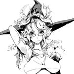  adjusting_hair arm_up armpits bra collarbone elf endou_okito glasses greyscale hand_behind_head hat long_hair looking_at_viewer monochrome parted_lips pointy_ears smile solo underwear witch_hat 