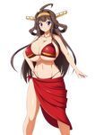  1girl bikini blush breasts brown_hair cleavage curvy huge_breasts kantai_collection kongou_(kantai_collection) long_hair looking_at_viewer mgear moralgear navel purple_eyes simple_background smile solo standing swimsuit wide_hips 