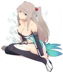  bangs bare_shoulders black_legwear blue_eyes blunt_bangs breasts choker cleavage collarbone commentary_request detached_sleeves floral_background grey_hair hair_ornament large_breasts long_hair looking_at_viewer navel original sitting smile solo sts thighhighs two_side_up white_legwear yokozuwari 