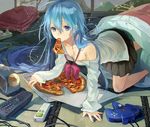  alarm_clock bangs bare_shoulders black_skirt blue_eyes blue_hair bow bowtie box breasts cable clock collared_shirt controller cushion denpa_onna_to_seishun_otoko dress_shirt eyebrows eyebrows_visible_through_hair food food_in_mouth from_above futon game_controller hair_between_eyes long_hair long_sleeves looking_at_viewer loose_bowtie loose_clothes loose_shirt messy_hair miniskirt mouth_hold off_shoulder pizza pleated_skirt plug remote_control school_uniform scroll shadow shirt skirt sliding_doors small_breasts solo tamu_(tamurarucaffe1226) tatami touwa_erio white_shirt 