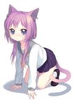  absurdres all_fours angry animal_ears bad_id bad_pixiv_id blue_eyes blush cat_ears cat_tail frown full_body highres kimura_daisuke loafers long_hair looking_at_viewer low_twintails namori original pleated_skirt purple_eyes purple_hair school_uniform serafuku shoes simple_background skirt solo tail tareme twintails white_background white_legwear 