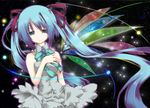  aqua_eyes aqua_hair bare_shoulders blue_eyes blue_hair dress hatsune_miku long_hair single_wing solo star strapless strapless_dress twintails very_long_hair vocaloid wings yuuki_kira 