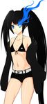  bad_id bad_pixiv_id bare_shoulders belt bikini_top black_hair black_rock_shooter black_rock_shooter_(character) blue_eyes burning_eye coat front-tie_top highres lang_(chikage36) long_hair midriff off_shoulder parted_lips scar short_shorts shorts simple_background solo white_background 