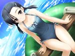  black_eyes black_hair boat cloud collarbone day dutch_angle fisheye flat_chest game_cg hair_ornament hairclip haruka_na_sora hashimoto_takashi highres hips inflatable_raft kuranaga_kozue ocean one-piece_swimsuit outdoors sky solo swimsuit thigh_gap twintails wallpaper watercraft wet yosuga_no_sora 