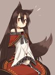  :o alternate_costume animal_ears bare_shoulders blush brown_background brown_eyes brown_hair choker dress eyebrows_visible_through_hair hair_between_eyes imaizumi_kagerou kaginoni long_hair long_sleeves looking_at_viewer parted_lips simple_background sitting solo surprised tail touhou traditional_clothes v_arms very_long_hair wide_sleeves wolf_ears wolf_tail 