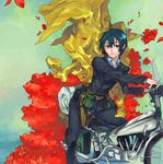  1girl coat flower gun hermes holster kino kino_no_tabi motorcycle petals short_hair solo tagme weapon yamanashi_kawanashi 