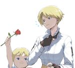  1boy 1girl adjusting_bow arm_up bangs black_bow black_gloves black_neckwear blonde_hair blue_eyes bow bowtie breasts brother_and_sister child closed_mouth collared_shirt earrings fingerless_gloves flower gift gloves holding holding_flower jean_(snk) jewelry king_(snk) long_sleeves loped medium_breasts parted_bangs red_flower red_rose rose shirt short_hair short_sleeves siblings simple_background smile the_king_of_fighters upper_body white_background white_shirt 