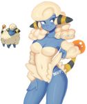  anthro big_breasts breasts clothing clothing_lift english_text eyelashes female feral humanoid mammal mareep mezmaroon nintendo pok&eacute;mon pok&eacute;mon_(species) simple_background solo standing text video_games 
