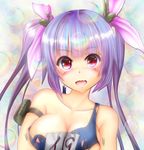  774r blue_hair blush breast_hold breast_squeeze breasts bubble cleavage collarbone colorized commentary_request derivative_work eyebrows_visible_through_hair hair_ribbon heart highres i-19_(kantai_collection) kantai_collection ki_(kk-sk-ray) long_hair looking_at_viewer medium_breasts one-piece_swimsuit open_mouth red_eyes ribbon school_swimsuit smile solo swimsuit torn_clothes torn_swimsuit twintails upper_body 