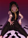  1girl blonde_hair cameltoe evil_grin evil_smile grin hood kajinman looking_at_viewer medusa_gorgon smile solo soul_eater tattoo yellow_eyes 