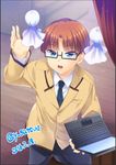  angel_beats! blue_eyes brown_hair computer glasses laptop male_focus satomi_yoshitaka school_uniform semi-rimless_eyewear shinda_sekai_sensen_uniform solo takeyama_(angel_beats!) teruterubouzu under-rim_eyewear 