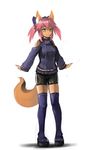  animal_ears bike_shorts fate/extra fate_(series) fox_ears fox_tail full_body hair_ornament hair_ribbon paintrfiend pink_hair purple_legwear ribbon simple_background solo standing sweater tail tamamo_(fate)_(all) tamamo_no_mae_(fate) tan thighhighs white_background yellow_eyes 