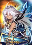  armor armored_dress bare_shoulders blue_dress chipa_(arutana) dress granblue_fantasy highres long_hair looking_at_viewer red_eyes shield silver_hair solo sword very_long_hair weapon zooey_(granblue_fantasy) 