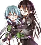  1girl black_hair blue_eyes blue_hair chima_(fusigiko) fingerless_gloves gloves grin hug kirito kirito_(sao-ggo) long_hair otoko_no_ko short_hair sinon smile sword_art_online 