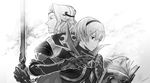  amatari_sukuzakki armor back-to-back book brothers brynhildr_(tome) cape circlet fire_emblem fire_emblem_if gloves greyscale highres leon_(fire_emblem_if) marks_(fire_emblem_if) monochrome multiple_boys siblings siegfried_(sword) simple_background sword weapon white_background 