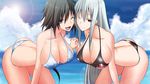  2girls ass bare_arms bare_legs bare_shoulders bent_over black_bikini black_hair breasts butt_crack cleavage clouds game_cg grey_hair hand_holding happy highres huge_breasts large_breasts leaning_forward legs long_hair looking_at_viewer mae multiple_girls ocean one_eye_closed open_mouth outdoors purple_eyes red_eyes sengo_muramasa:_ken_no_gaika silver_hair sky smile sun sunlight thighs thong water white_bikini wink 
