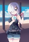  alternate_costume asaoka_(0x0) blue_eyes drink glass hair_ornament hair_over_one_eye hairclip hamakaze_(kantai_collection) kantai_collection short_hair short_shorts shorts silver_hair solo 