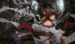  bare_shoulders black_hair blue_eyes brown_hair fighting forest hair_ornament japanese_clothes long_hair looking_to_the_side motion_blur multiple_girls nature obi plant red_eyes sash sheath tree white_crow 