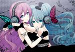  2girls aqua_hair bow butterfly gloves hat hatsune_miku long_hair magnet_(vocaloid) megurine_luka pink_hair tattoo twintails vocaloid waifu2x yuuki_(yukinko-02727) 