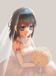  bare_shoulders black_hair blue_eyes bouquet breakroom_chaos bridal_veil bride burn_scar diadem dorei_to_no_seikatsu_~teaching_feeling~ dress earrings elbow_gloves eyelashes flower gloves grey_background happy holding holding_bouquet jewelry long_hair necklace scar simple_background smile solo sylvie_(dorei_to_no_seikatsu) veil wedding_dress white_dress white_gloves 