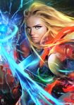  arm_cannon blonde_hair blue_eyes breasts commentary digital_dissolve eyebrows lips long_hair making_of medium_breasts metroid nose powering_up realistic ross_tran samus_aran solo upper_body varia_suit weapon zero_suit 