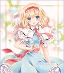  alice_margatroid arm_up blonde_hair blue_dress blue_eyes blush border capelet colored_pencil_(medium) daisy dress flower gradient gradient_background hairband lolita_hairband looking_at_viewer marker_(medium) open_mouth petals petticoat potto puffy_short_sleeves puffy_sleeves puppet_rings purple_border ribbon sample sash short_hair short_sleeves smile solo touhou traditional_media 