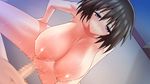  1girl areolae black_hair blush breasts censored game_cg girl_on_top hanging_breasts highres huge_breasts legs looking_at_viewer lying mae mosaic_censoring mound_of_venus nipples nude penis purple_eyes pussy sengo_muramasa:_ken_no_gaika sex shaved shaved_pussy short_hair sitting sitting_on_person smile solo_focus sweat thighs vaginal 