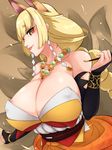  animal_ears bare_shoulders bead_necklace beads blonde_hair bracelet braid breasts bridal_gauntlets cleavage covered_nipples dress earrings eyeshadow fox_ears fox_tail from_side grin hand_up holding holding_pipe huge_breasts japanese_clothes jewelry kimono kiseru kitsune lipstick long_hair looking_at_viewer looking_to_the_side makeup multiple_tails neck necklace obi orange_dress pipe red_lipstick ribbon sagara1990 sash sengoku_taisen shiny shiny_hair shiny_skin short_eyebrows sidelocks single_braid smile solo strapless strapless_dress tail very_long_hair yellow_eyes 