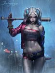  1girl baseball_bat dc_comics dccu fishnet_pantyhose fishnets harley_quinn jacket jee-hyung_lee looking_at_viewer pale_skin pantyhose rain short_shorts shorts solo studded_belt suicide_squad tattoo twintails 