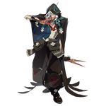  1boy arc_system_works belts black_cape boots cross gloves grey_skin guilty_gear guilty_gear_xrd guilty_gear_xrd:_revelator hood lick needles official_art raven_(guilty_gear) solo white_hair 