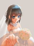  bare_shoulders black_hair blue_eyes bouquet breakroom_chaos bridal_veil bride burn_scar diadem dorei_to_no_seikatsu_~teaching_feeling~ dress earrings elbow_gloves eyelashes flower gloves grey_background happy holding_hands jewelry long_hair necklace out_of_frame pov pov_hands ring scar simple_background smile solo_focus sylvie_(dorei_to_no_seikatsu) veil wedding_band wedding_dress white_dress white_gloves 