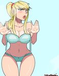  1girl against_glass artist_name bare_shoulders blonde_hair blue_eyes bra breasts cleavage collarbone long_hair looking_at_viewer metroid navel nintendo open_mouth panties ponytail samus_aran simple_background solo zeromomentai 