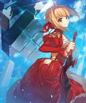  aestus_estus arched_back ass blonde_hair braid butt_crack chocoan cloud day epaulettes fate/extella fate/extra fate_(series) green_eyes holding holding_sword holding_weapon looking_at_viewer looking_back nero_claudius_(fate) nero_claudius_(fate)_(all) puffy_sleeves sky smile solo sword weapon wide_sleeves 