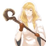  artist_request blonde_hair final_fantasy final_fantasy_tactics gloves hood long_hair robe smile solo source_request staff weapon white_background white_mage white_mage_(fft) 