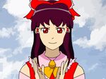  animated animated_gif bow clapping cloud cloudy_sky day detached_sleeves drawfag hair_bow hair_tubes hakurei_reimu long_hair lowres neon_genesis_evangelion parody red_bow sidelocks simple_background sky smile solo source_request touhou upper_body 