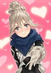  &gt;:) blush fire_emblem fire_emblem_if gameplay_mechanics gloves green_eyes grey_hair hair_bun heart kanna_(female)_(fire_emblem_if) kanna_(fire_emblem_if) miffi my_room pink_background pointy_ears scarf simple_background smile solo star star-shaped_pupils symbol-shaped_pupils v-shaped_eyebrows 