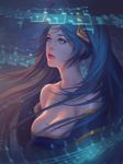  bare_shoulders beamed_eighth_notes blue_eyes blue_hair breasts highres large_breasts league_of_legends long_hair low_neckline musical_note poenatsha_yuen quarter_note sheet_music solo sona_buvelle twintails very_long_hair 