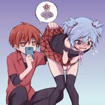  akabane_karma ansatsu_kyoushitsu bad_id bad_pixiv_id bent_over black_legwear blue_eyes blue_hair blush cellphone crossdressing embarrassed flying_sweatdrops hair_ribbon implied_pantyshot jitome knees_together_feet_apart kyyashi lifted_by_another multiple_boys no_panties open_mouth orange_eyes otoko_no_ko phone red_hair ribbon shiota_nagisa short_hair short_twintails skirt skirt_lift skirt_tug speech_bubble spoken_object squatting tears thighhighs twintails wavy_mouth 