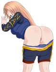  absurdres ass bent_over blonde_hair blue_eyes blue_shorts blue_vest blush braid commentary from_behind highres kantai_collection looking_at_viewer looking_back new_jersey_(belated_battleships) orange_hair original panties panty_pull puffer_jacket pussy shorts shorts_pull solo transparent_background twistedscarlett60 underwear uss_new_jersey_(bb-62) vest watch 