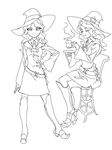  belt boots chair character_sheet closed_eyes cosmic_bear crossed_legs cup diana_cavendish greyscale hand_on_hip hat holding holding_cup holding_plate hood knee_boots lineart little_witch_academia looking_at_viewer monochrome plate sitting smile steam teacup wavy_hair wide_sleeves witch_hat 