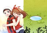  brown_hair grass haruka_(pokemon) hat headband leaves long_hair male pantyhose pokemon shorts tagme_(artist) yuuki_(pokemon) 