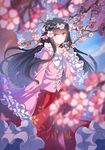  animal animal_on_shoulder black_hair blue_sky blurry bow branch bunny cherry_blossoms closed_mouth day depth_of_field eyebrows eyebrows_visible_through_hair flower frilled_sleeves frills houraisan_kaguya li_luo long_hair long_sleeves petals pink_shirt red_eyes red_skirt shirt signature skirt sky smile solo touhou tree very_long_hair white_bow wide_sleeves 